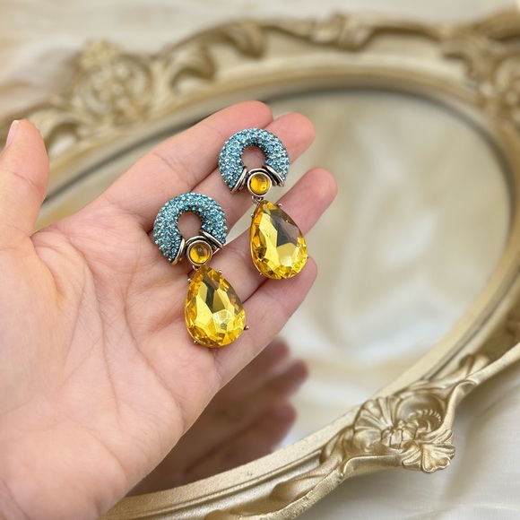 Bold Crystal Drop Earrings – Yellow Teardrop & Turquoise Studs - Picture 8 of 9